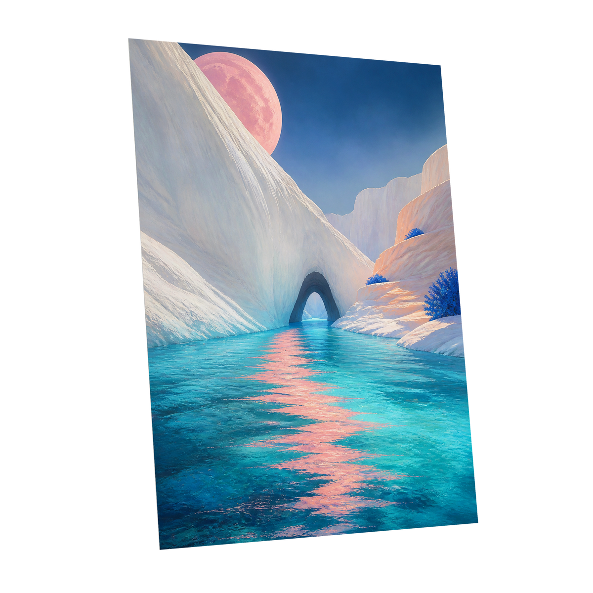 Rose Moon Passage, blue, pink, white nature wall art shown as a unframed poster wall art print