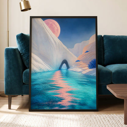 Rose Moon Passage, blue, pink, white nature wall art displayed in a styled interior, gallery view 2