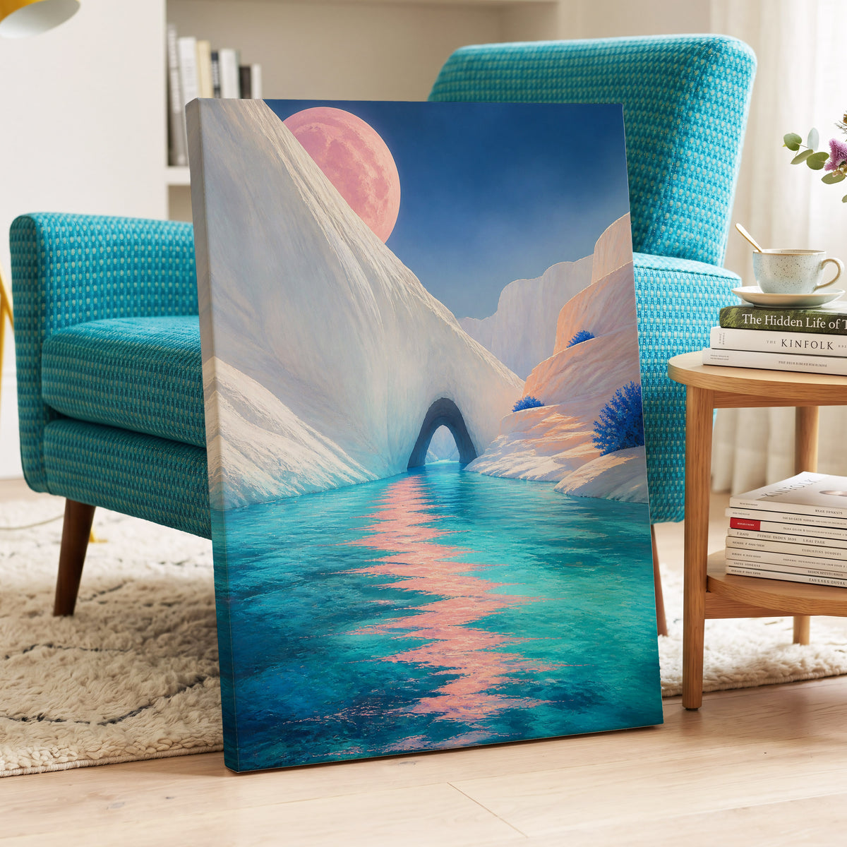Rose Moon Passage, blue, pink, white nature wall art displayed in a styled interior, gallery view 3