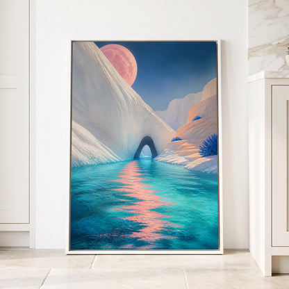 Rose Moon Passage, blue, pink, white nature wall art displayed in a styled interior, gallery view 4