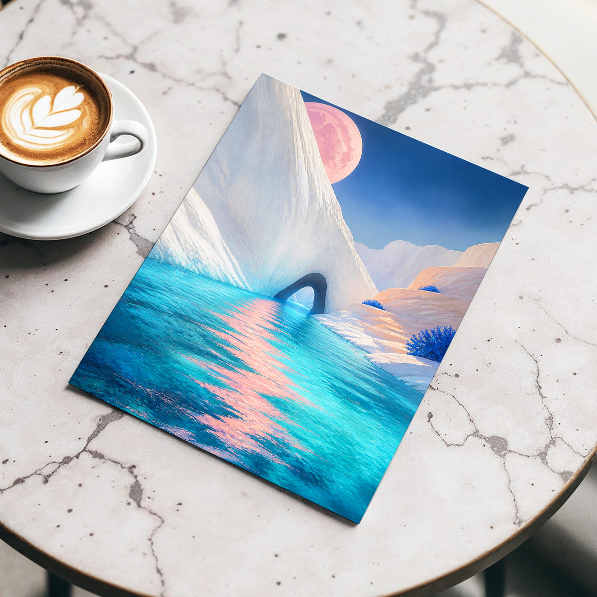 Rose Moon Passage, blue, pink, white nature wall art displayed in a styled interior, gallery view 5