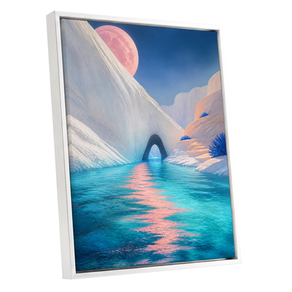 Rose Moon Passage, blue, pink, white nature wall art shown as a white framed canvas wall art