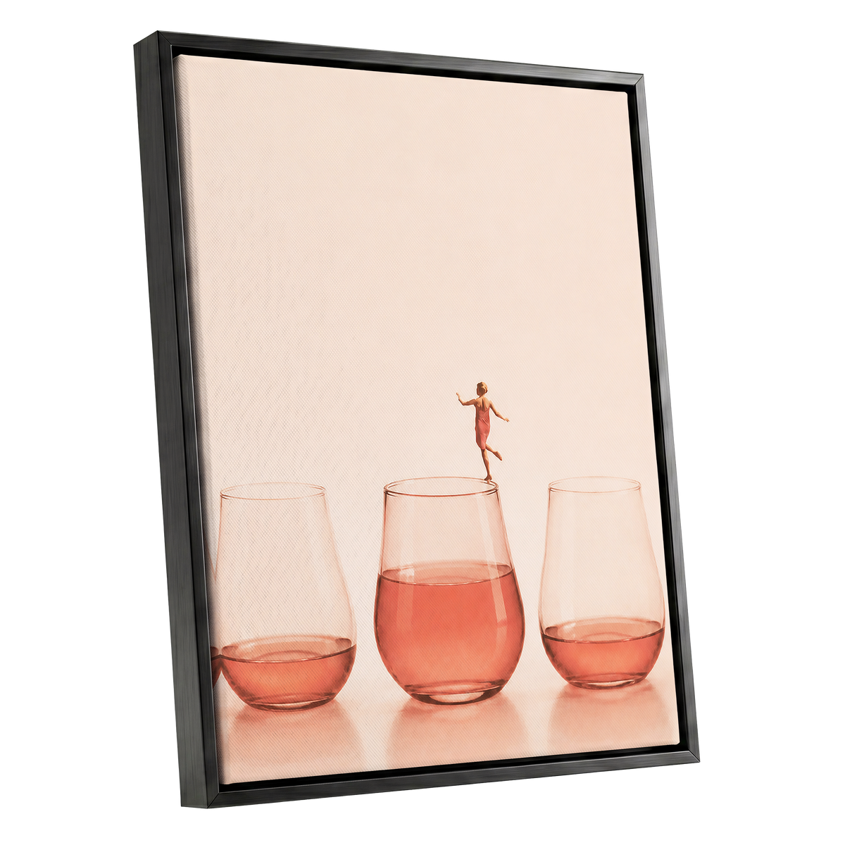 Rosé on the Rim, beige, pink, orange minimalist wall art shown as a black framed canvas wall art