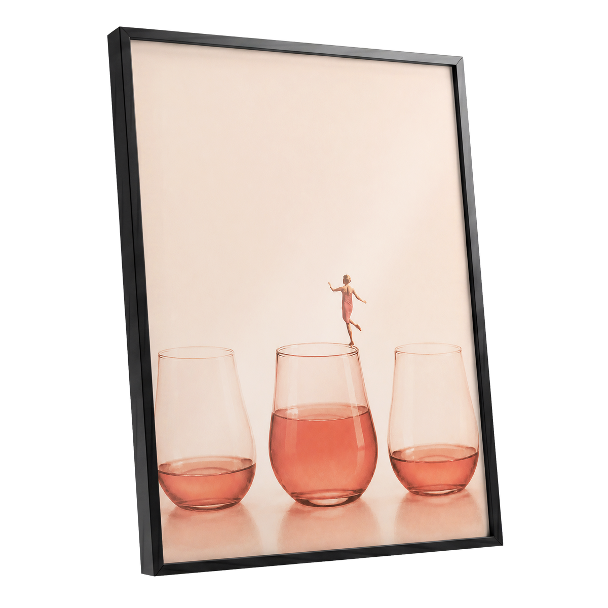 Rosé on the Rim, beige, pink, orange minimalist wall art shown as a black framed poster wall art print