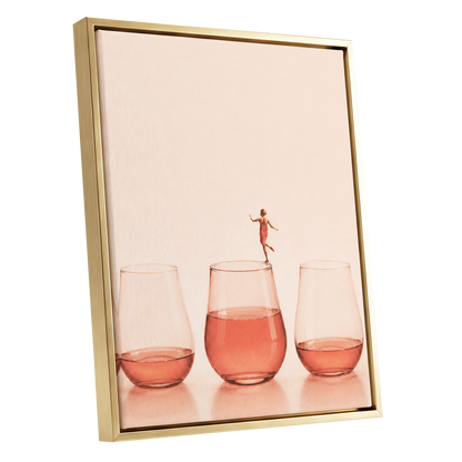 Rosé on the Rim, beige, pink, orange minimalist wall art shown as a gold framed canvas wall art