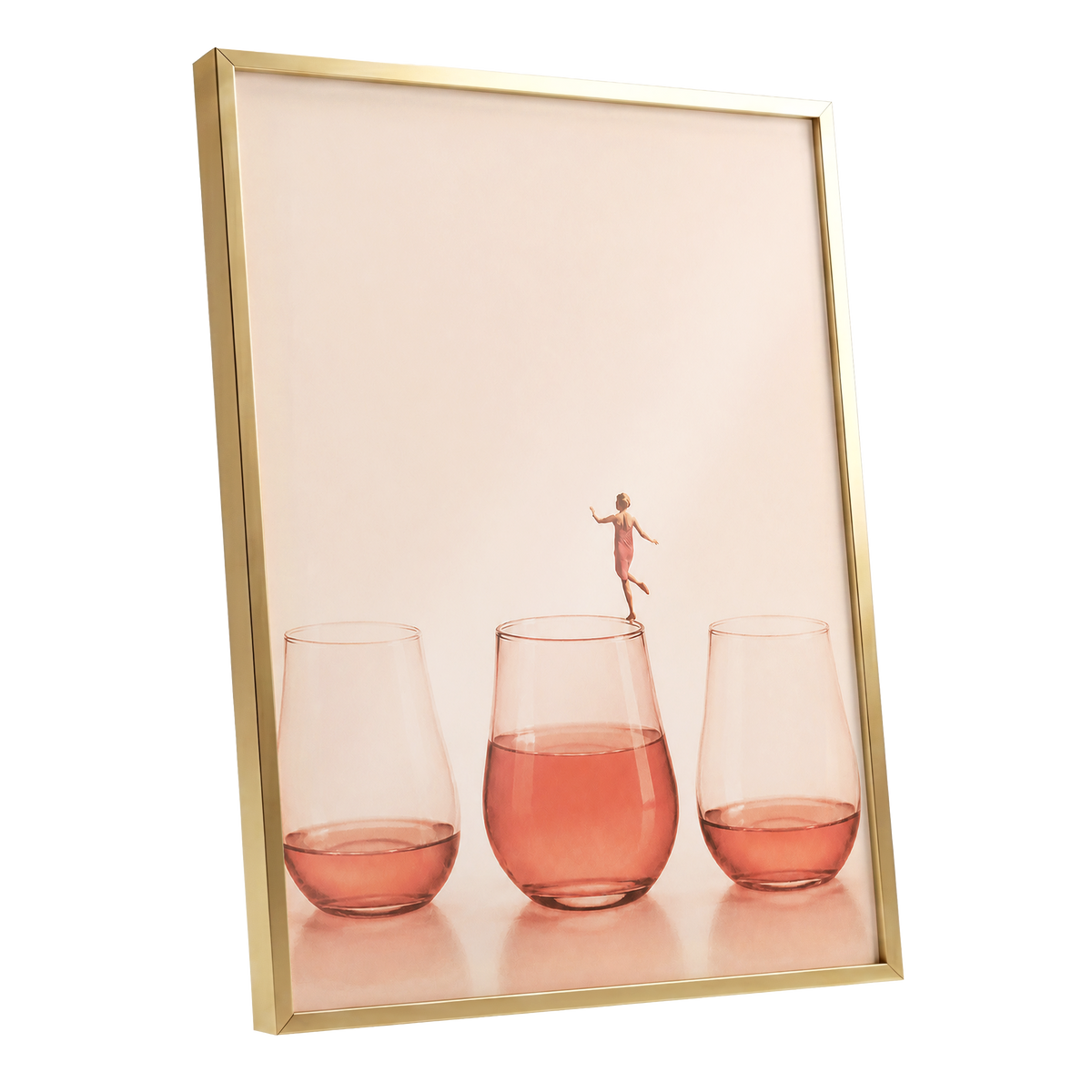 Rosé on the Rim, beige, pink, orange minimalist wall art shown as a gold framed poster wall art print