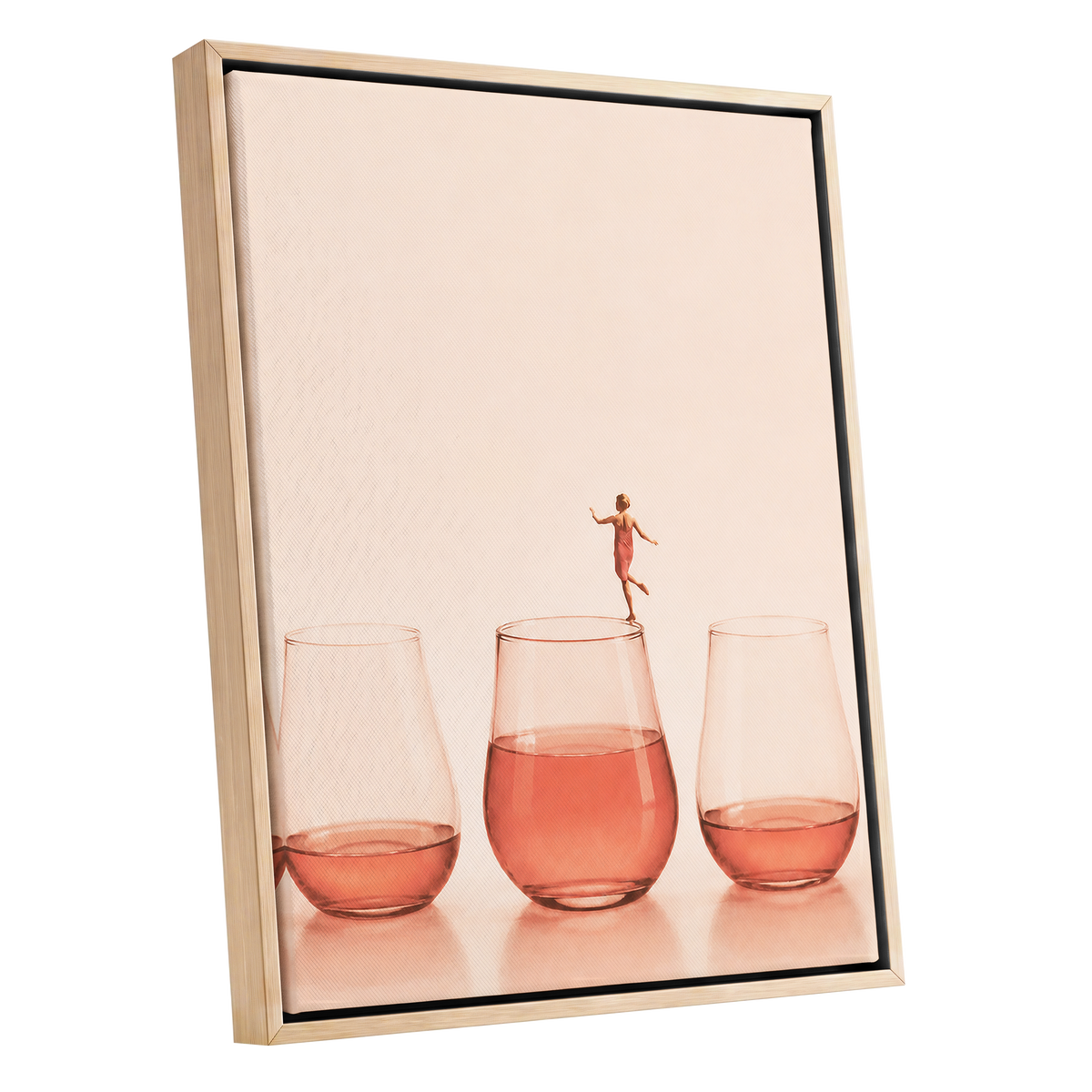 Rosé on the Rim, beige, pink, orange minimalist wall art shown as a oak framed canvas wall art