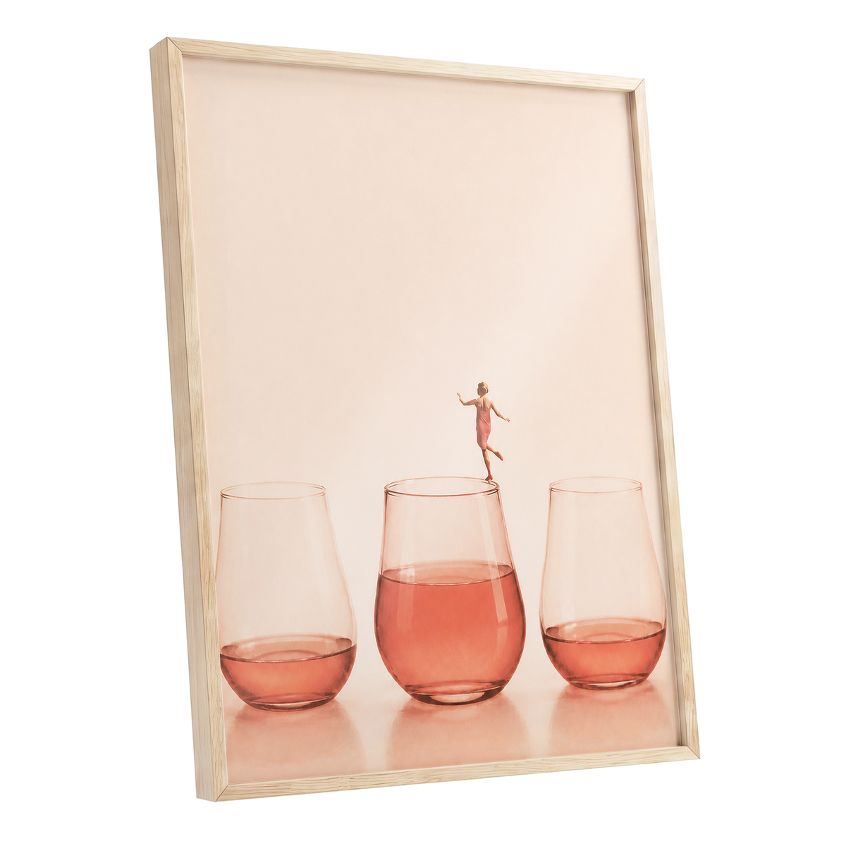Rosé on the Rim, beige, pink, orange minimalist wall art shown as a oak framed poster wall art print