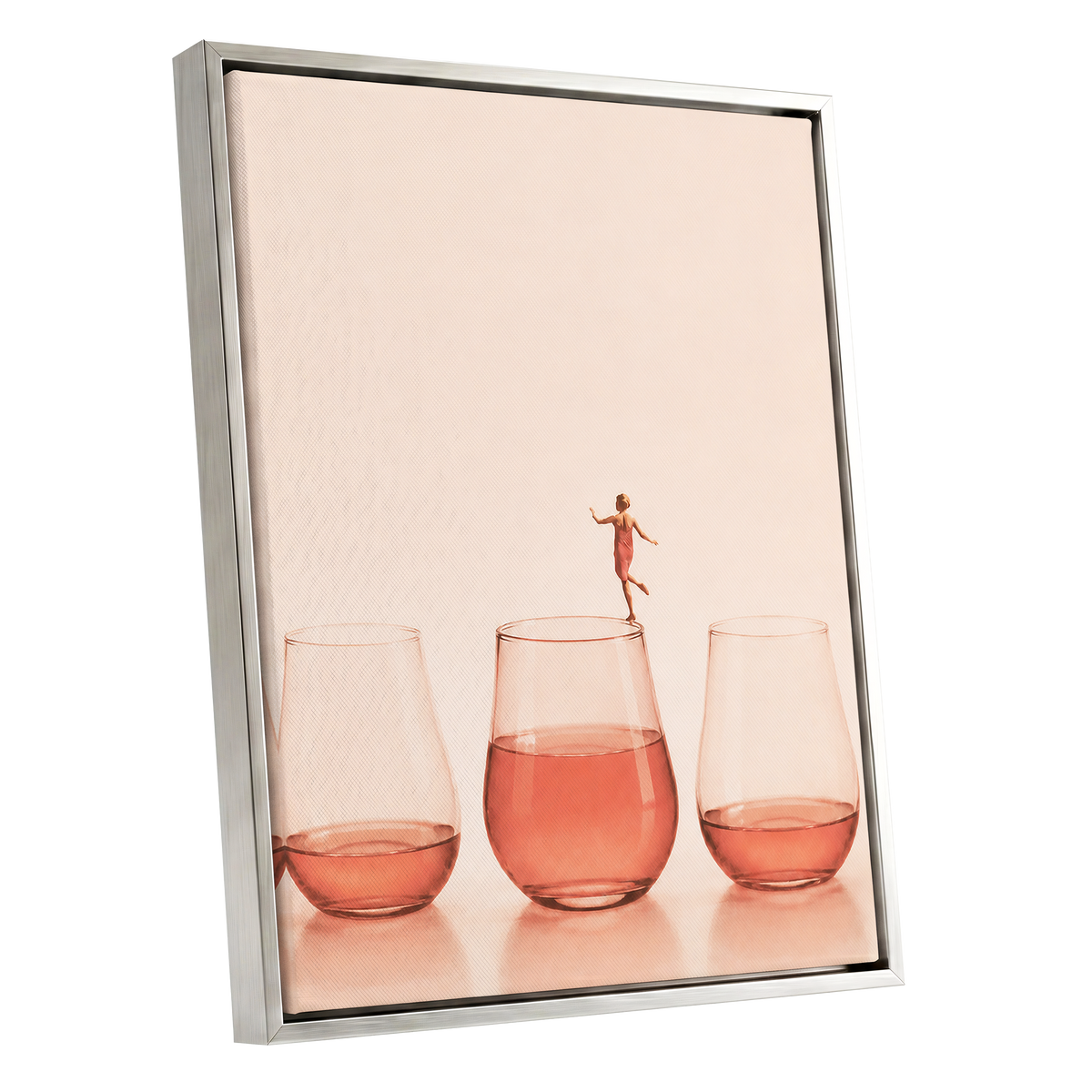 Rosé on the Rim, beige, pink, orange minimalist wall art shown as a silver framed canvas wall art