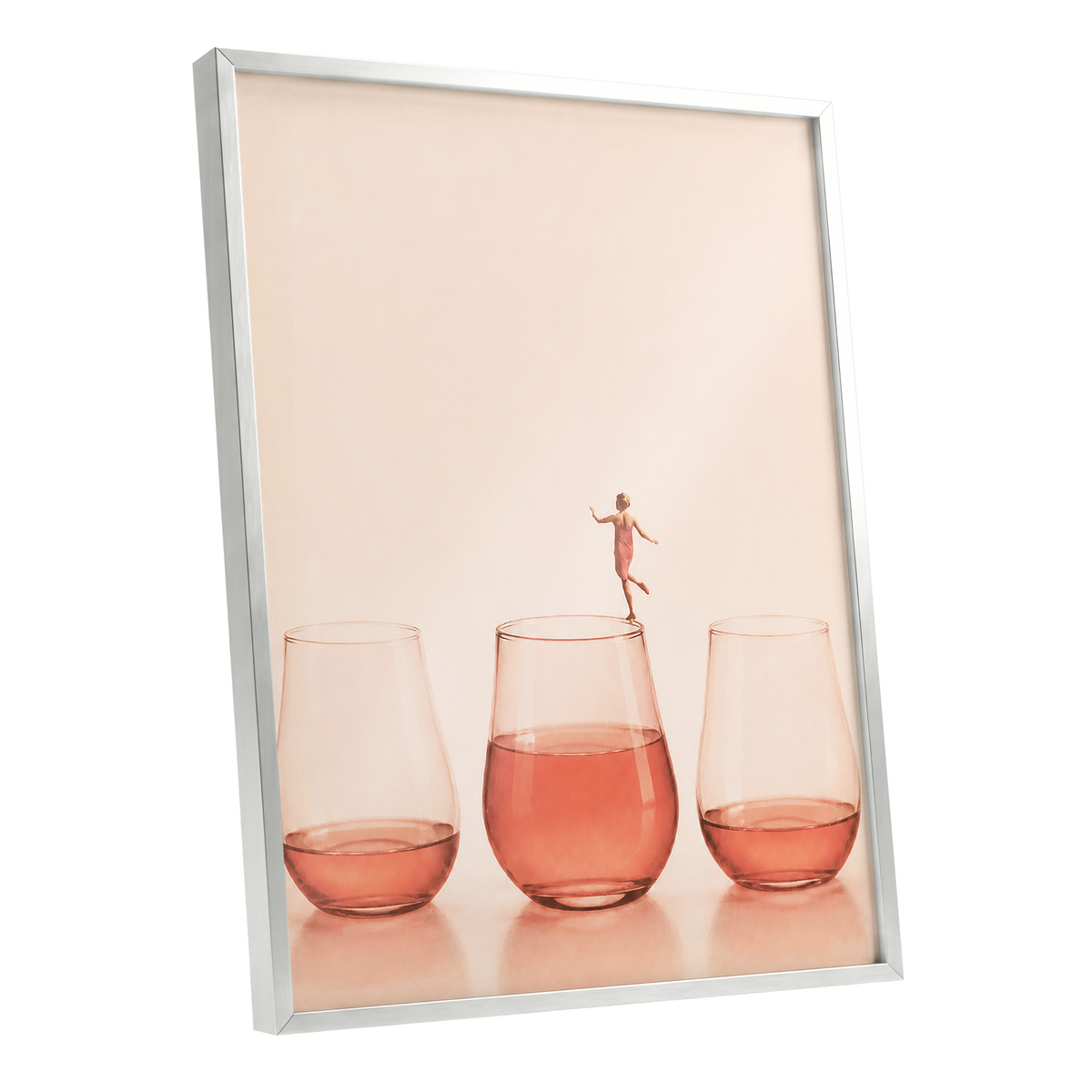 Rosé on the Rim, beige, pink, orange minimalist wall art shown as a silver framed poster wall art print