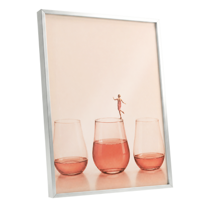 Rosé on the Rim, beige, pink, orange minimalist wall art shown as a silver framed poster wall art print