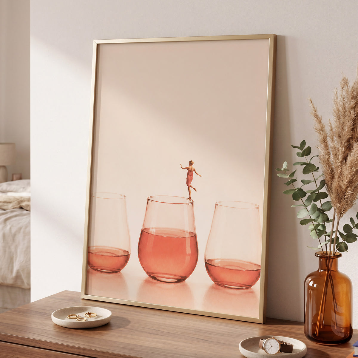 Rosé on the Rim, beige, pink, orange minimalist wall art displayed in a styled interior, gallery view 2