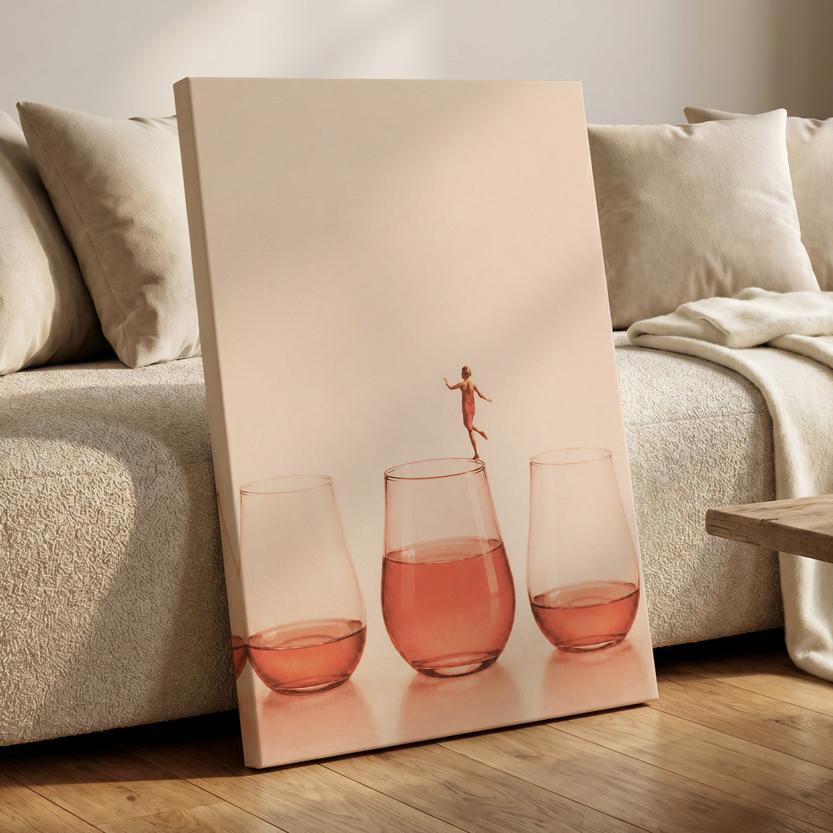 Rosé on the Rim, beige, pink, orange minimalist wall art displayed in a styled interior, gallery view 3