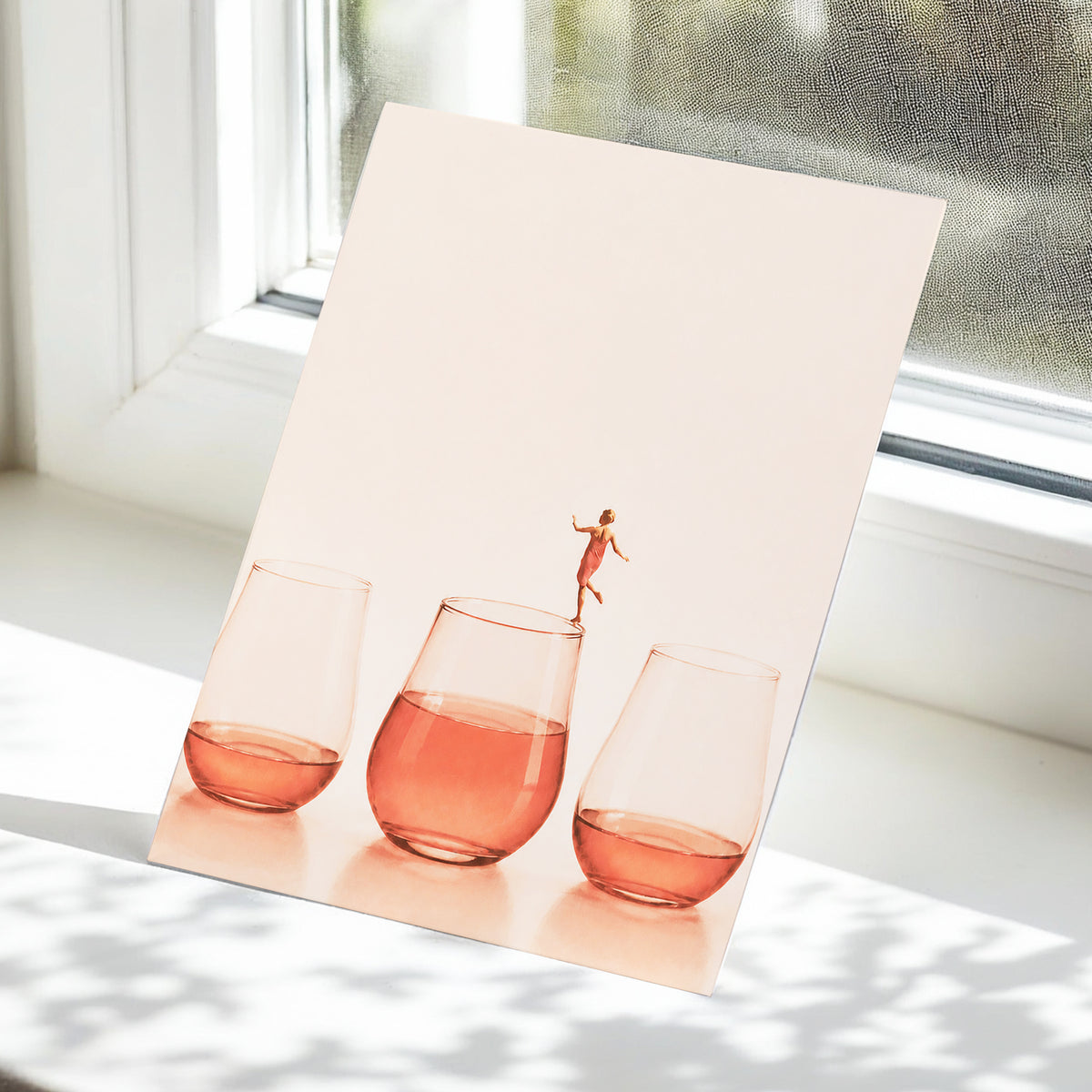 Rosé on the Rim, beige, pink, orange minimalist wall art displayed in a styled interior, gallery view 5