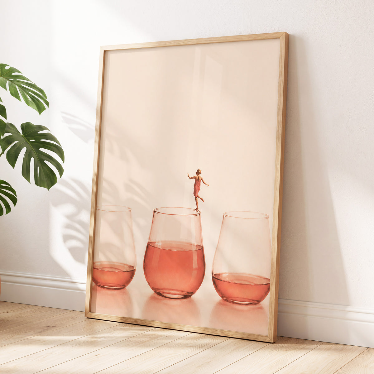 Rosé on the Rim, beige, pink, orange minimalist wall art displayed in a styled interior, gallery view 6