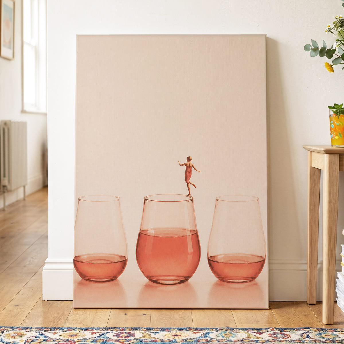 Rosé on the Rim, beige, pink, orange minimalist wall art displayed in a styled interior, gallery view 7