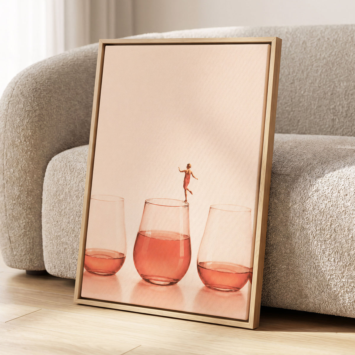 Rosé on the Rim, beige, pink, orange minimalist wall art displayed in a styled interior, gallery view 8