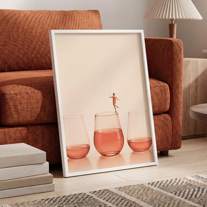 Rosé on the Rim, beige, pink, orange minimalist wall art displayed in a styled interior, gallery view 9
