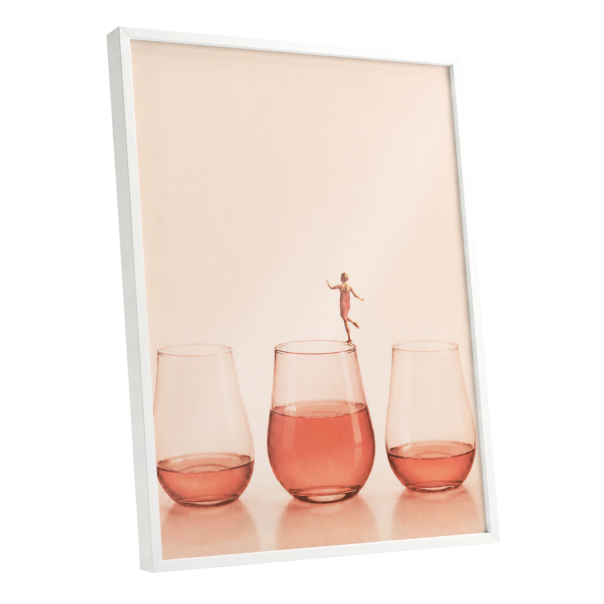 Rosé on the Rim, beige, pink, orange minimalist wall art shown as a white framed poster wall art print