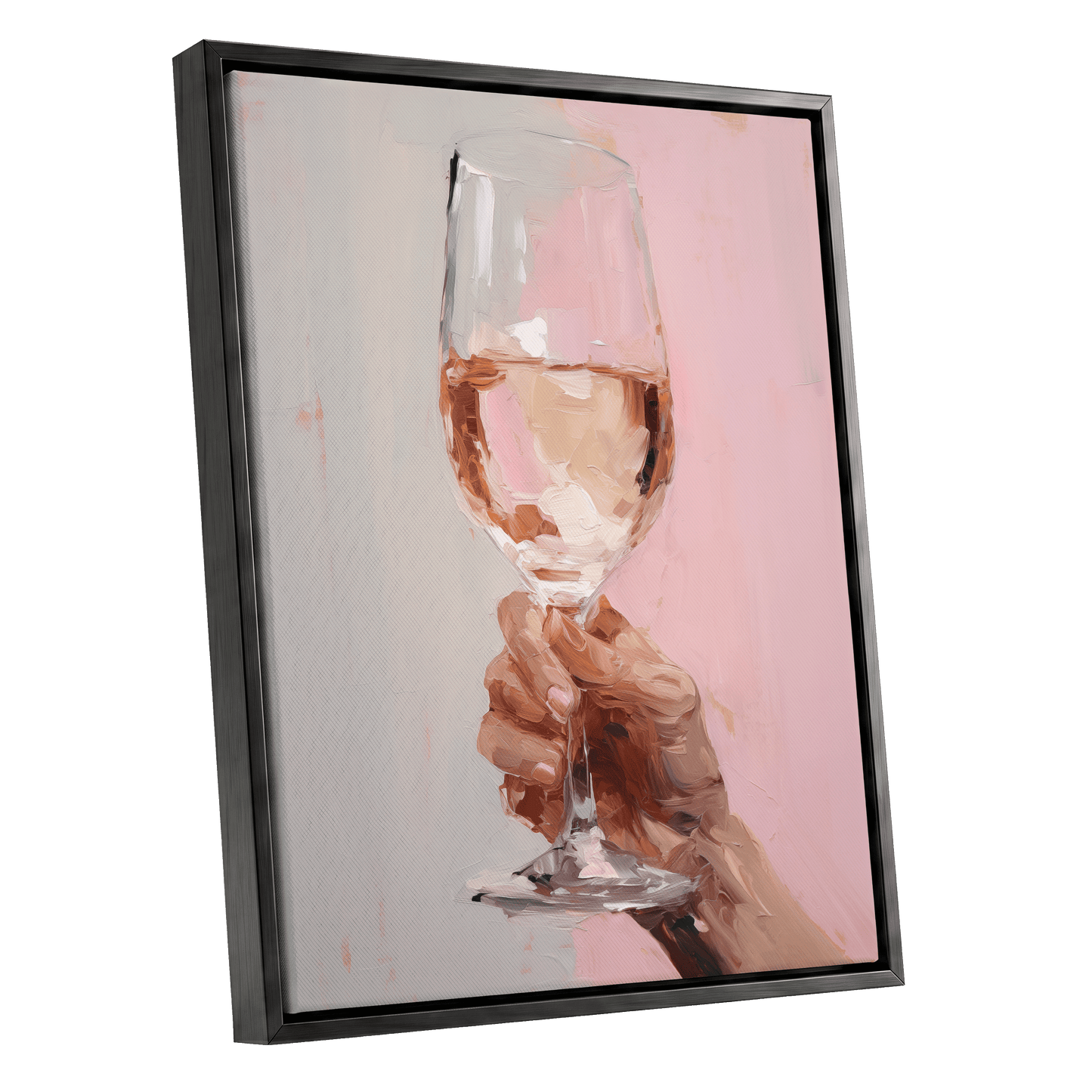 Rosé Reverie, pink, beige, brown abstract wall art shown as a black framed canvas wall art