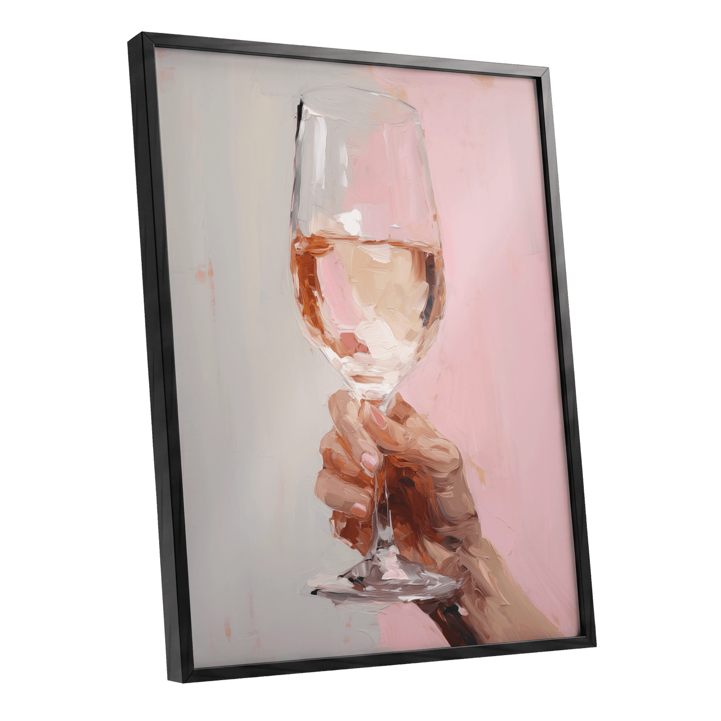 Rosé Reverie, pink, beige, brown abstract wall art shown as a black framed poster wall art print