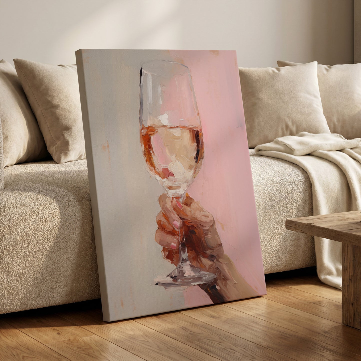 Rosé Reverie, pink, beige, brown abstract wall art on canvas displayed in a styled interior, gallery view 1