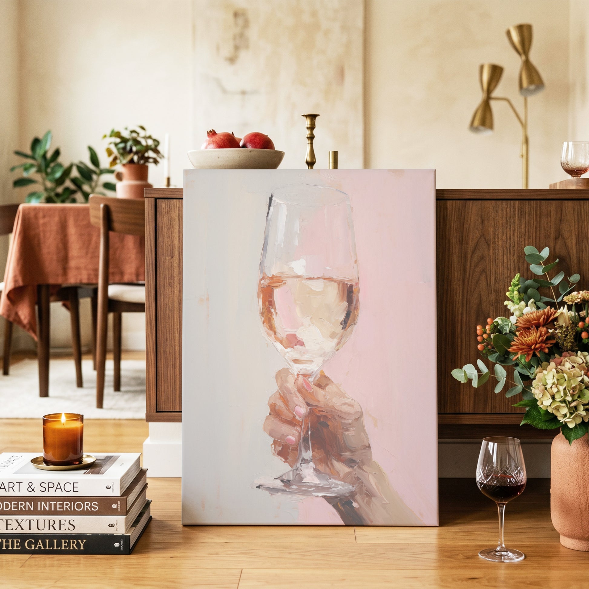 Rosé Reverie, pink, beige, brown abstract wall art on canvas displayed in a styled interior, gallery view 2