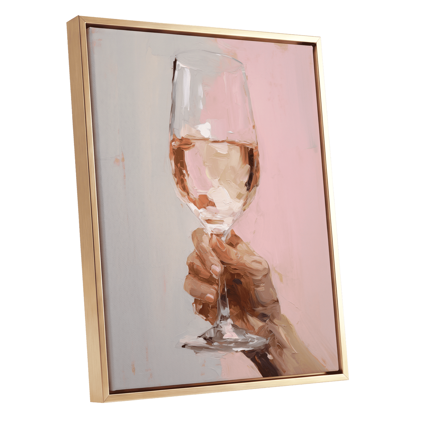 Rosé Reverie, pink, beige, brown abstract wall art shown as a gold framed canvas wall art