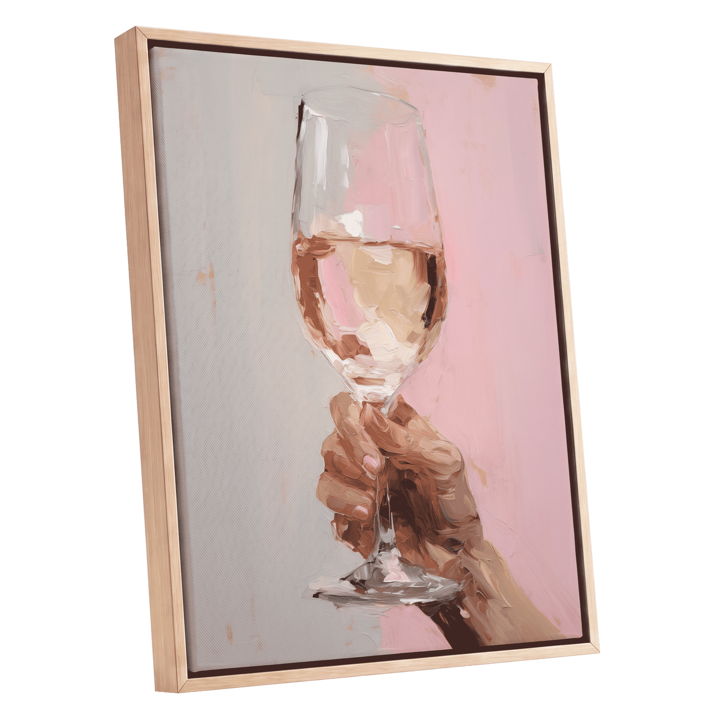 Rosé Reverie, pink, beige, brown abstract wall art shown as a oak framed canvas wall art