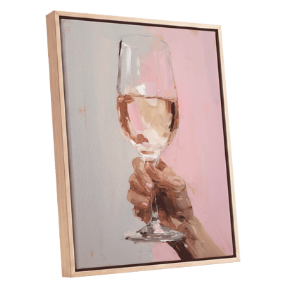 Rosé Reverie, pink, beige, brown abstract wall art shown as a oak framed canvas wall art