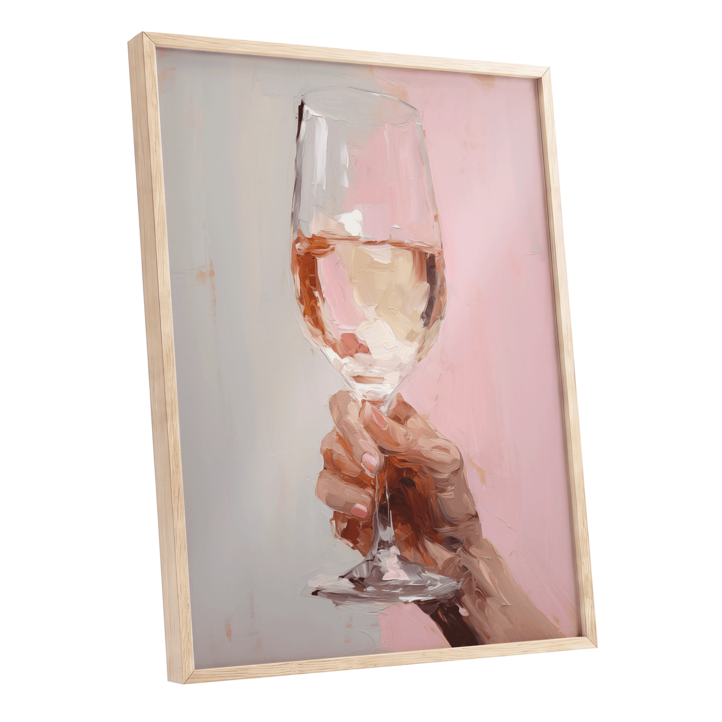 Rosé Reverie, pink, beige, brown abstract wall art shown as a oak framed poster wall art print