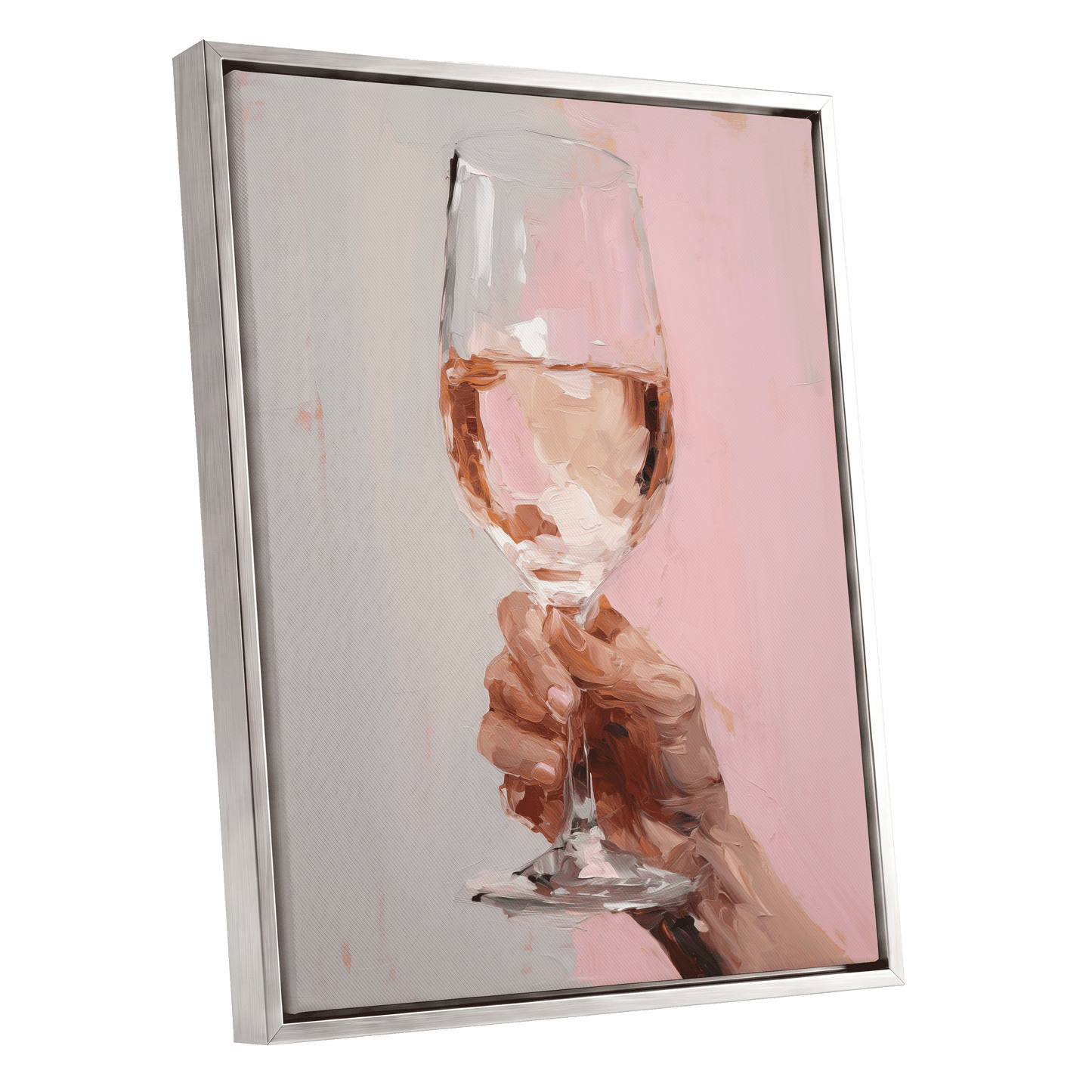 Rosé Reverie, pink, beige, brown abstract wall art shown as a silver framed canvas wall art