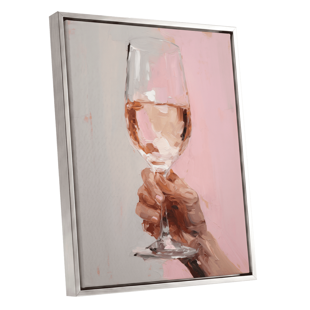 Rosé Reverie, pink, beige, brown abstract wall art shown as a silver framed canvas wall art