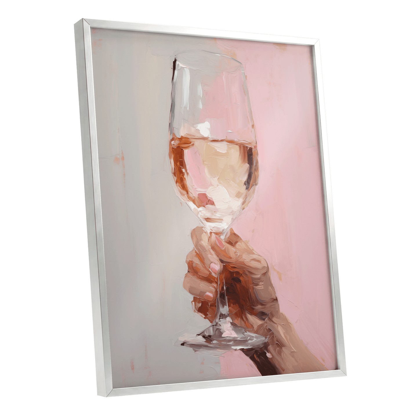 Rosé Reverie, pink, beige, brown abstract wall art shown as a silver framed poster wall art print