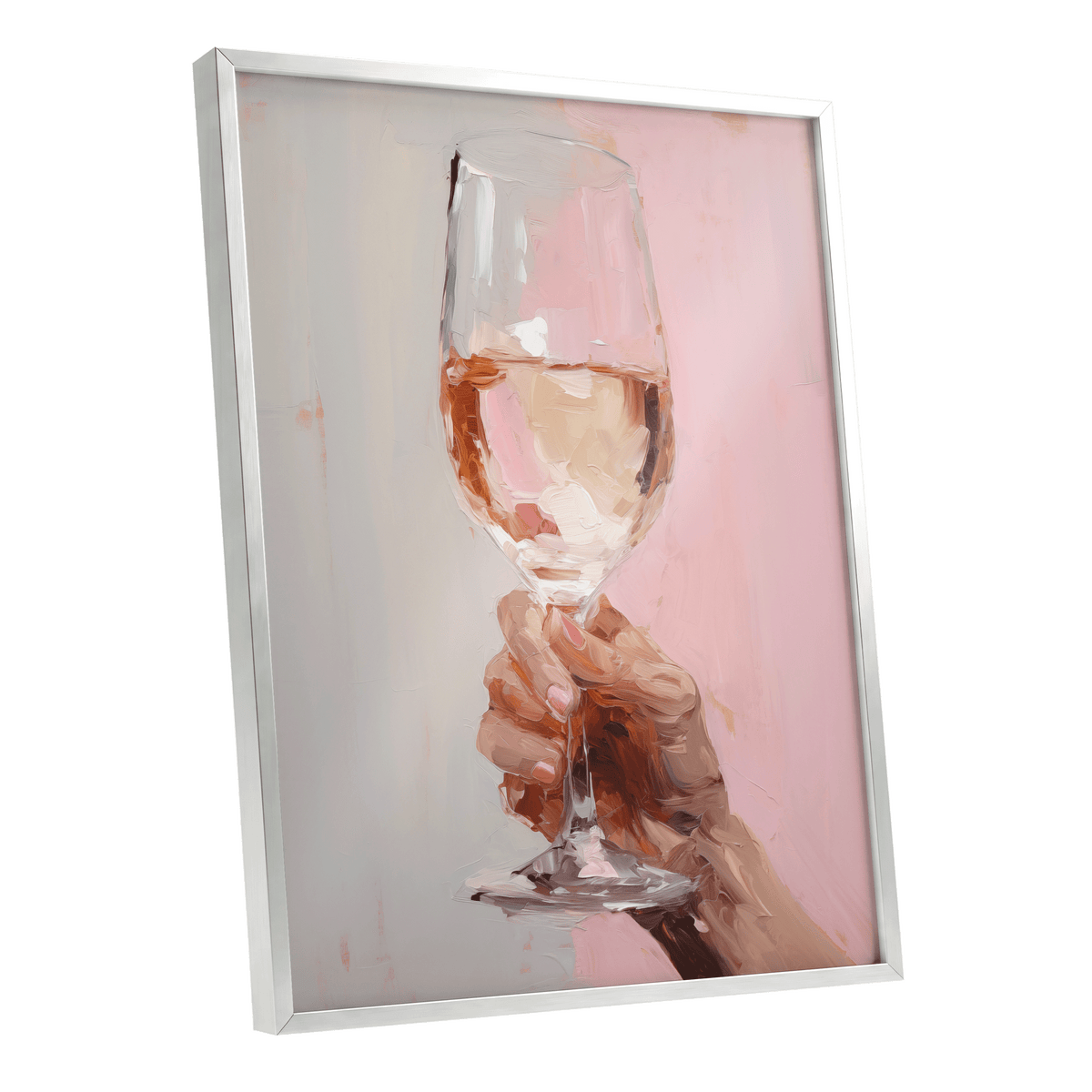 Rosé Reverie, pink, beige, brown abstract wall art shown as a silver framed poster wall art print