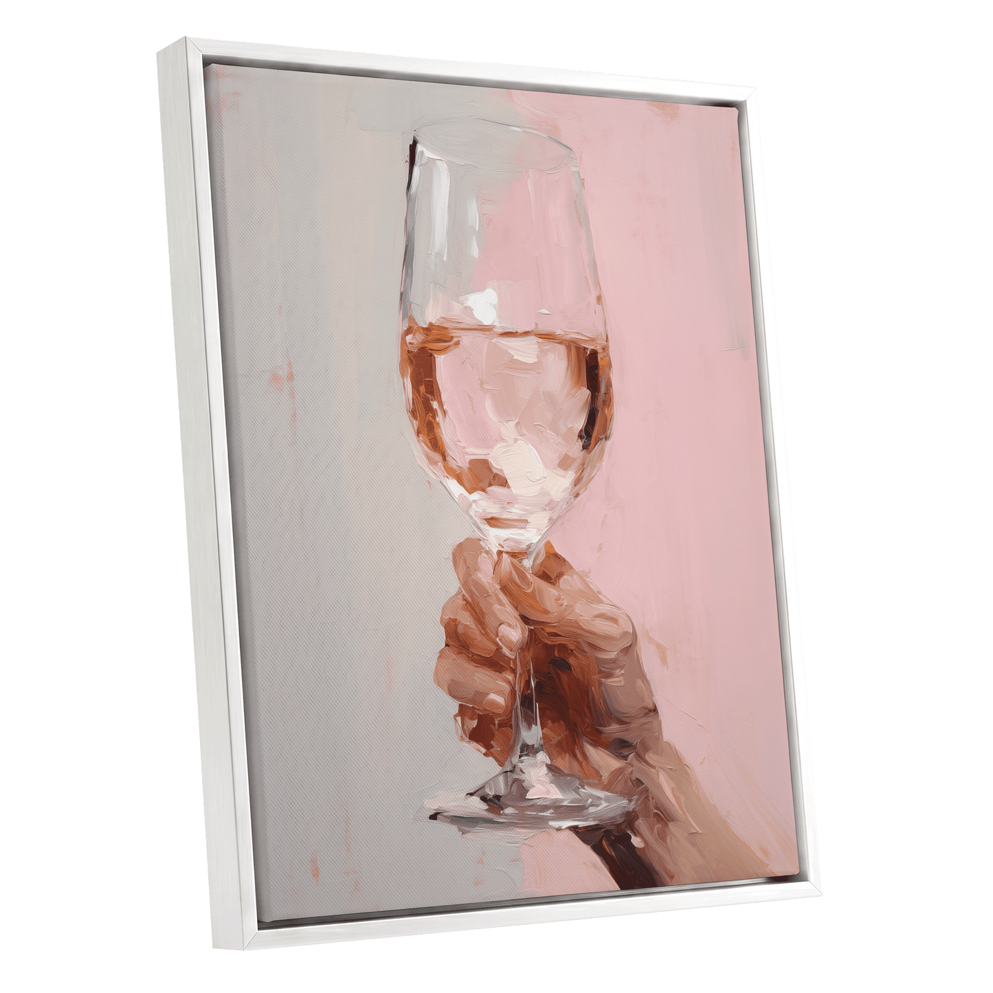 Rosé Reverie, pink, beige, brown abstract wall art shown as a white framed canvas wall art