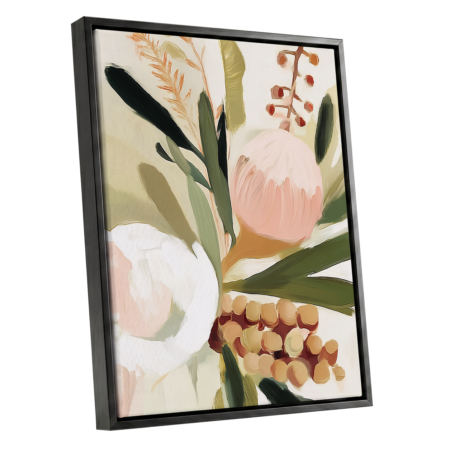 Roseate Botanical, pink, green, beige floral wall art shown as a black framed canvas wall art
