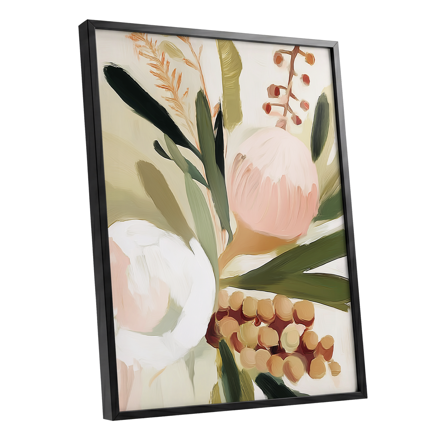 Roseate Botanical, pink, green, beige floral wall art shown as a black framed poster wall art print