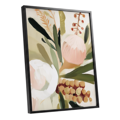 Roseate Botanical, pink, green, beige floral wall art shown as a black framed poster wall art print
