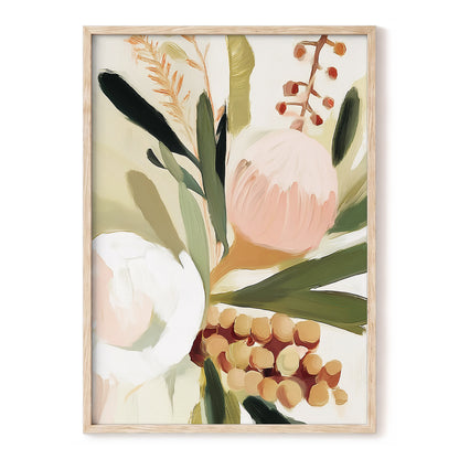 Roseate Botanical, pink, green, beige floral wall art, front artwork view