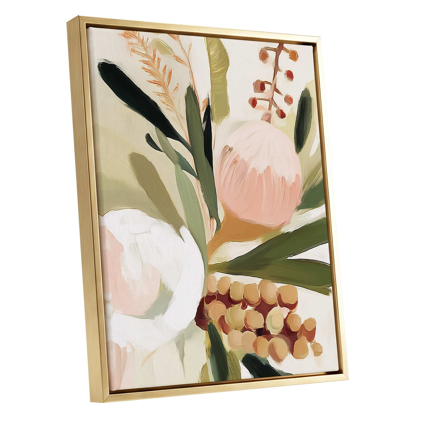 Roseate Botanical, pink, green, beige floral wall art shown as a gold framed canvas wall art