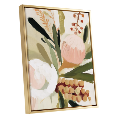 Roseate Botanical, pink, green, beige floral wall art shown as a gold framed canvas wall art