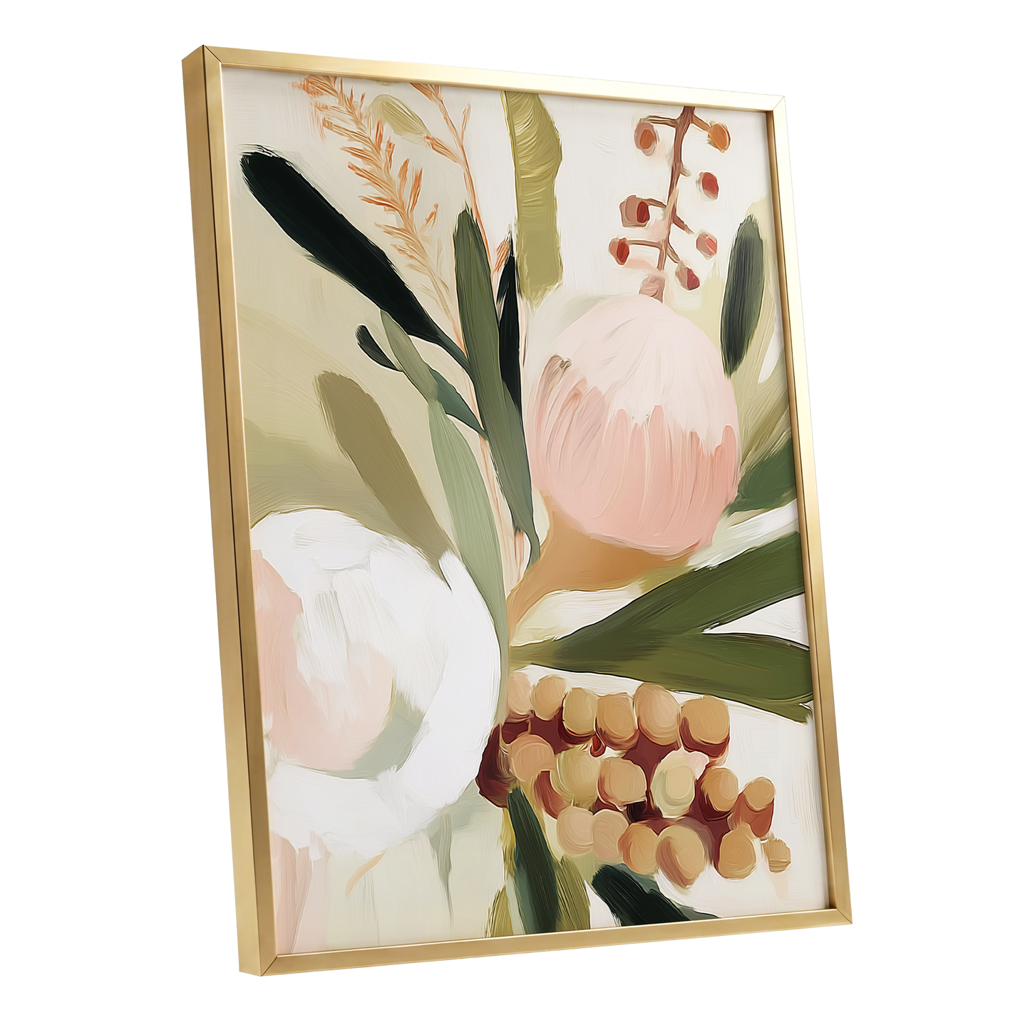 Roseate Botanical, pink, green, beige floral wall art shown as a gold framed poster wall art print
