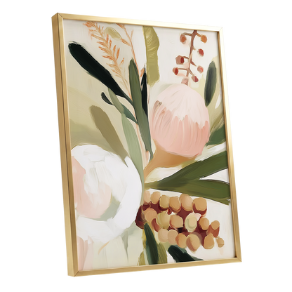 Roseate Botanical, pink, green, beige floral wall art shown as a gold framed poster wall art print