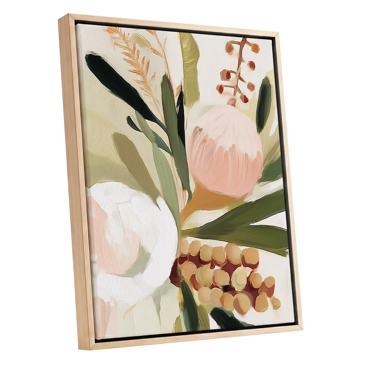Roseate Botanical, pink, green, beige floral wall art shown as a oak framed canvas wall art