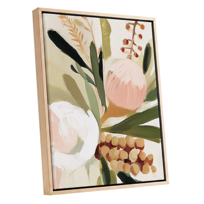 Roseate Botanical, pink, green, beige floral wall art shown as a oak framed canvas wall art