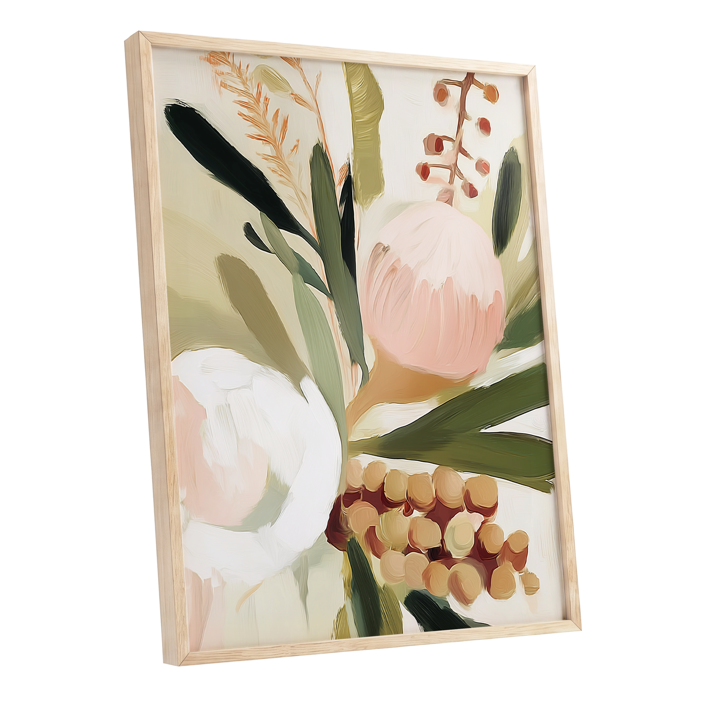 Roseate Botanical, pink, green, beige floral wall art shown as a oak framed poster wall art print