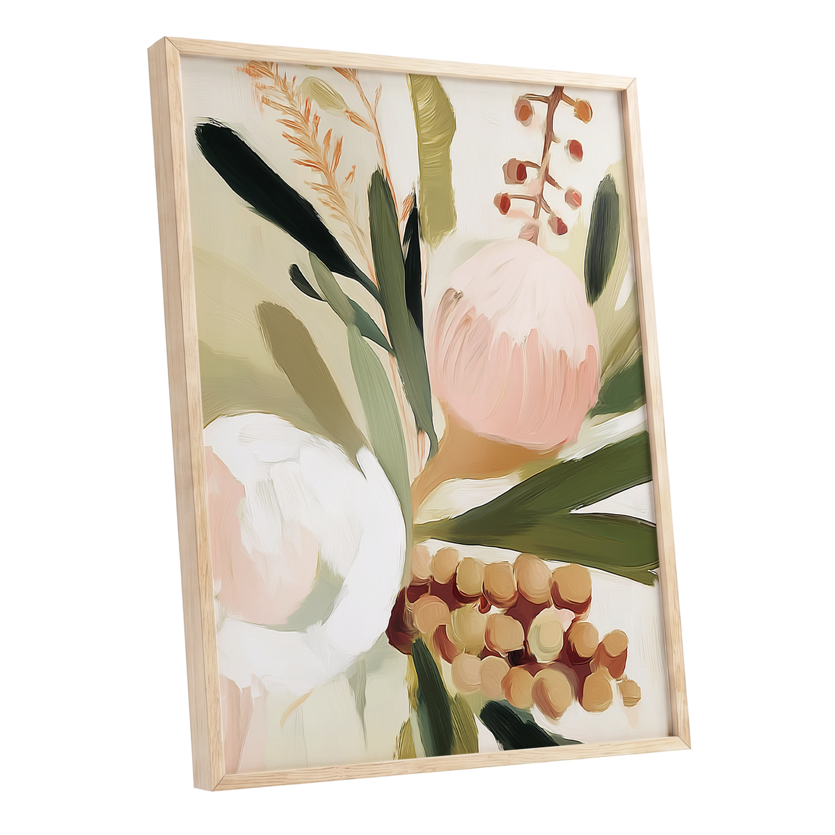 Roseate Botanical, pink, green, beige floral wall art shown as a oak framed poster wall art print