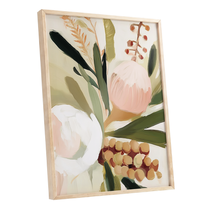 Roseate Botanical, pink, green, beige floral wall art shown as a oak framed poster wall art print