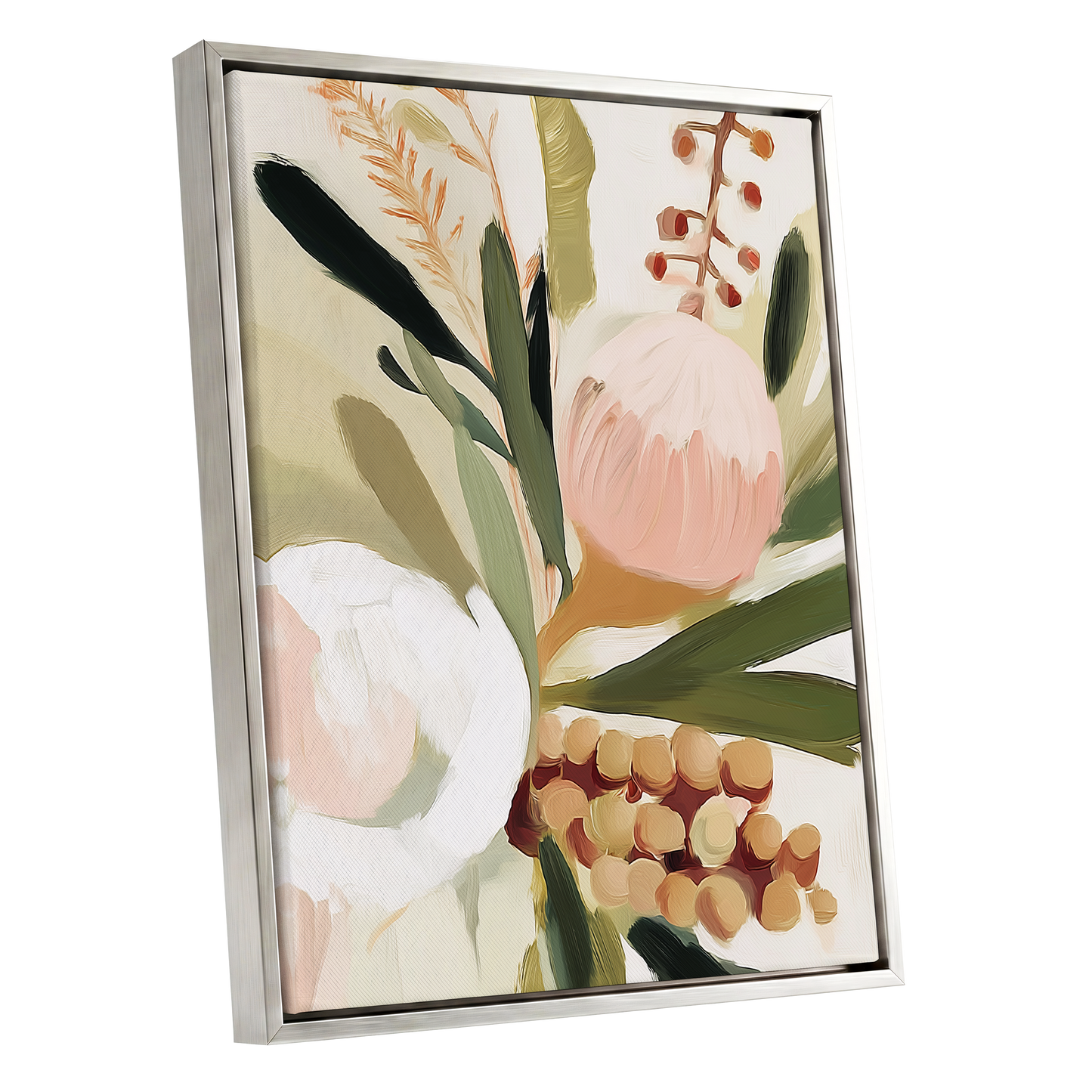 Roseate Botanical, pink, green, beige floral wall art shown as a silver framed canvas wall art